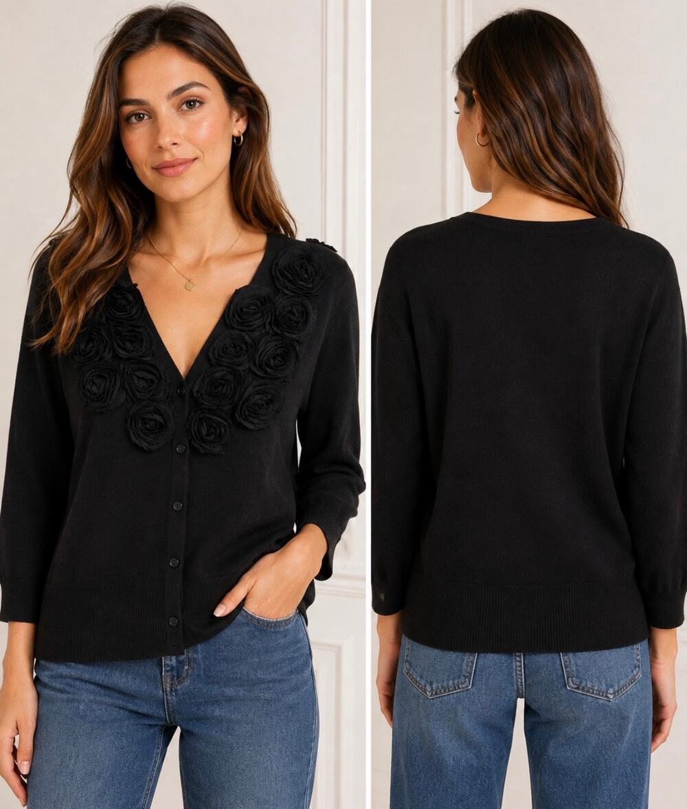 RED by Marc Ecko Black 3D Rosette Floral Cardigan Sweater Women’s 1X Y2K